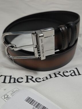 Berluti Reversible Brown & Black Leather Belt Silver Buckle